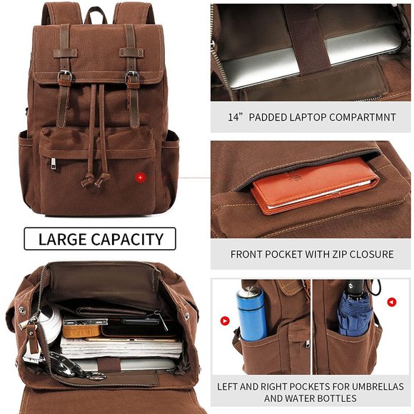 Vintage Canvas Backpack, Men's Travel Rucksack for Laptop Hiking School Bookbag - Picture 6 of 6